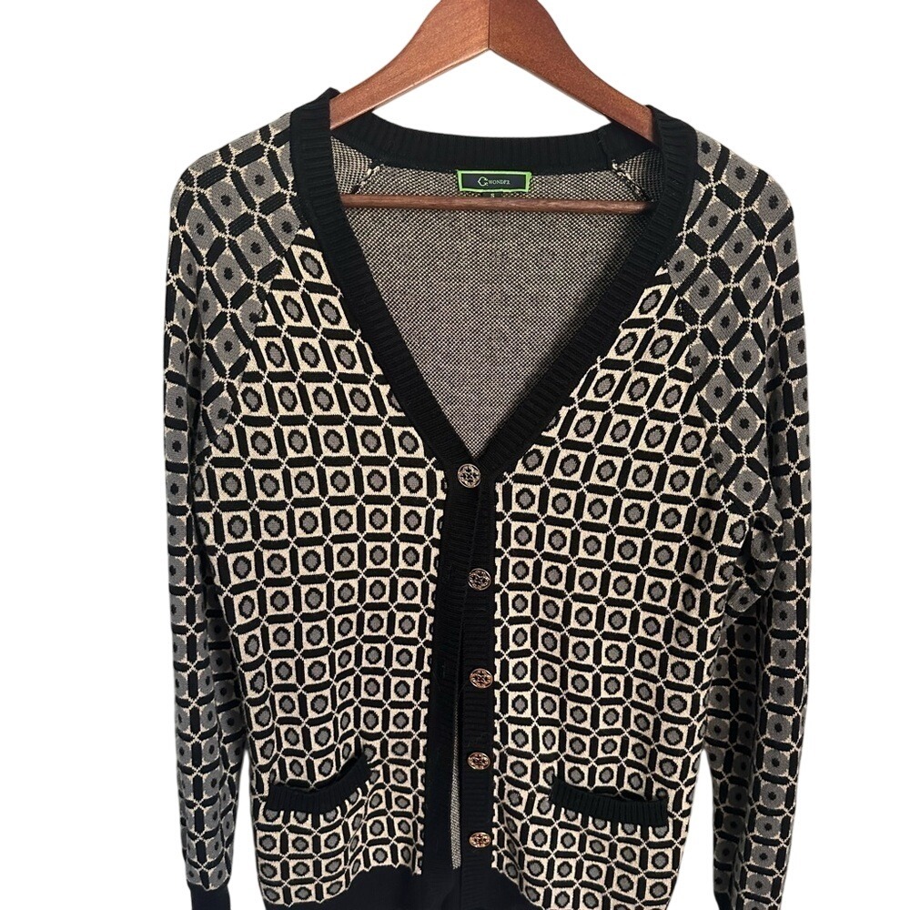 C Wonder Womens Geometric Tile V-Neck Cardigan Sweater Black Grey Small Luxury - Picture 1 of 7